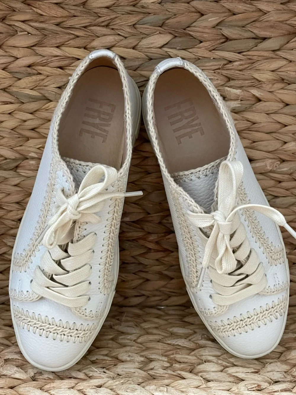Frye‎ Ivy Crochet Low Lace Sneakers in White Tumbled Leather
